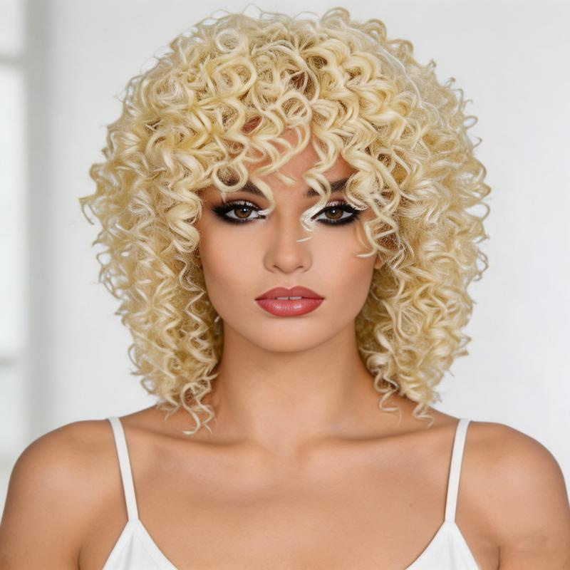 Short Afro Kinky Curly Wigs with Bangs for Women's - Image 9