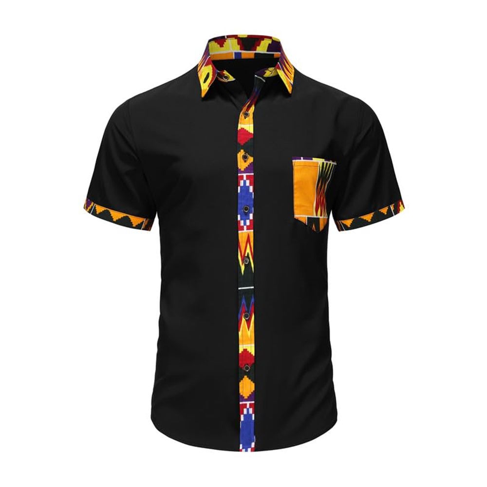 Men's African Short Sleeve Dashiki Shirt Patchwork Button up T Shirt
