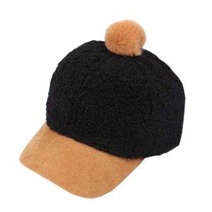Kids Winter Lamb Cashmere Baseball Cap Toddler Pom Pom Hat; Black