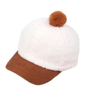 Kids Winter Lamb Cashmere Baseball Cap Toddler Pom Pom Hat; White