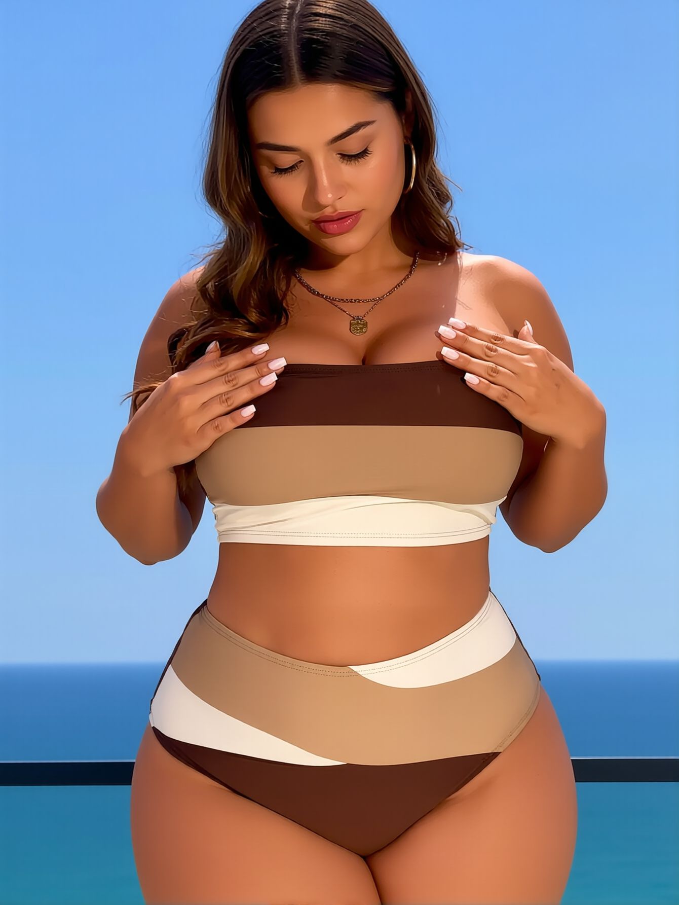 2026 New Plus Size Brown Colorblock Strapless Bikini Set Women's Convertible Halter High-Waisted Tummy Control Swimsuit for Beach Vacation, Retro Style - Image 19