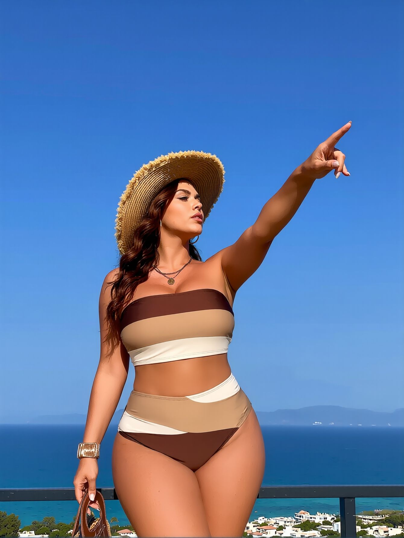 2026 New Plus Size Brown Colorblock Strapless Bikini Set Women's Convertible Halter High-Waisted Tummy Control Swimsuit for Beach Vacation, Retro Style - Image 8