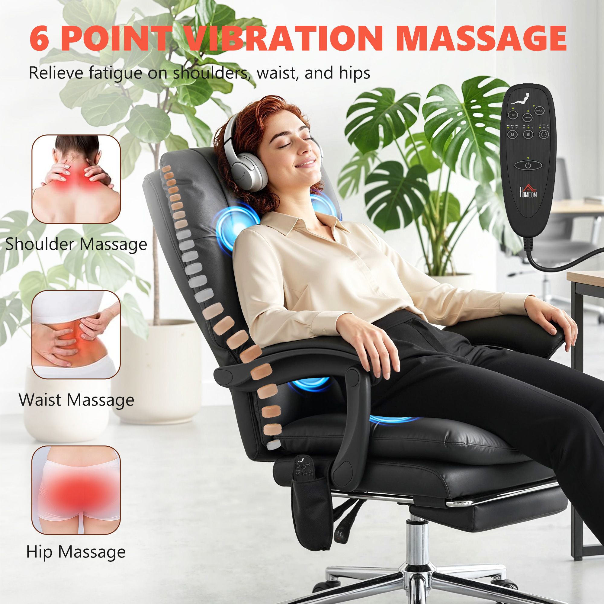 Massage Office Chair with 6-Point Vibration, Pet-Friendly Faux Leather Ergonomic Executive Desk Chair, Black - Image 3
