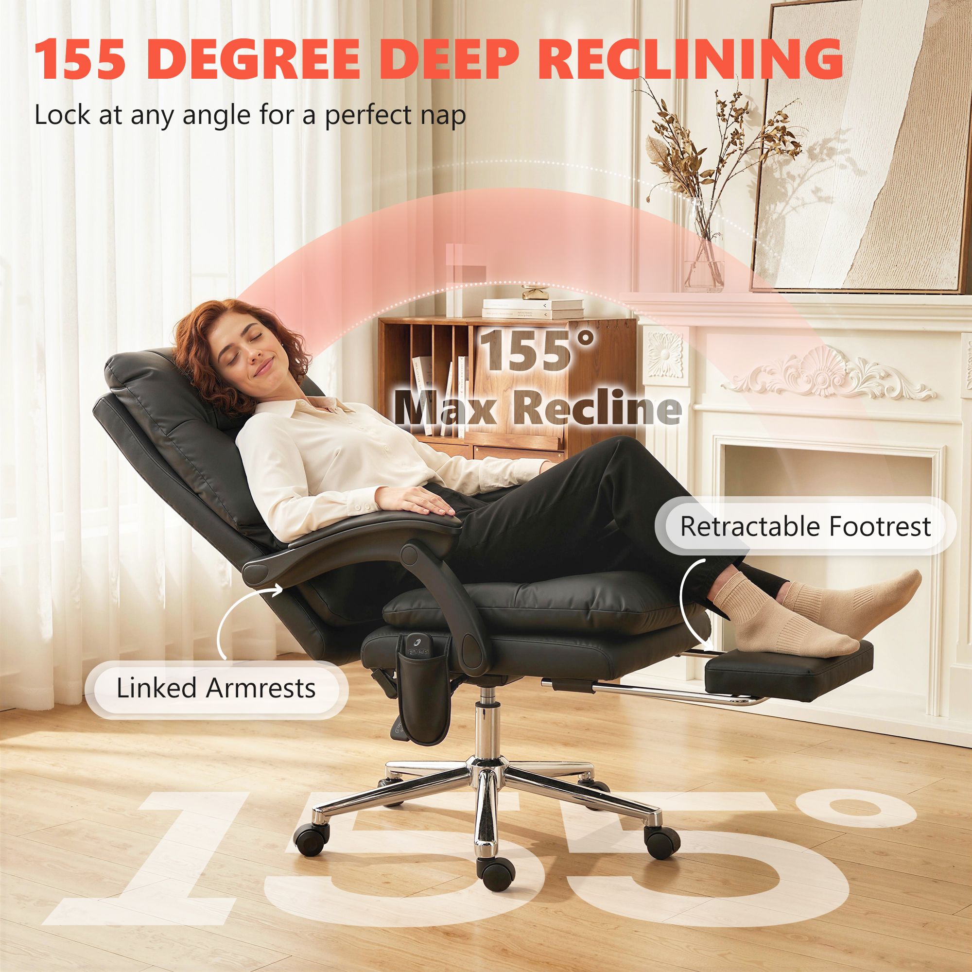 Massage Office Chair with 6-Point Vibration, Pet-Friendly Faux Leather Ergonomic Executive Desk Chair, Black - Image 4
