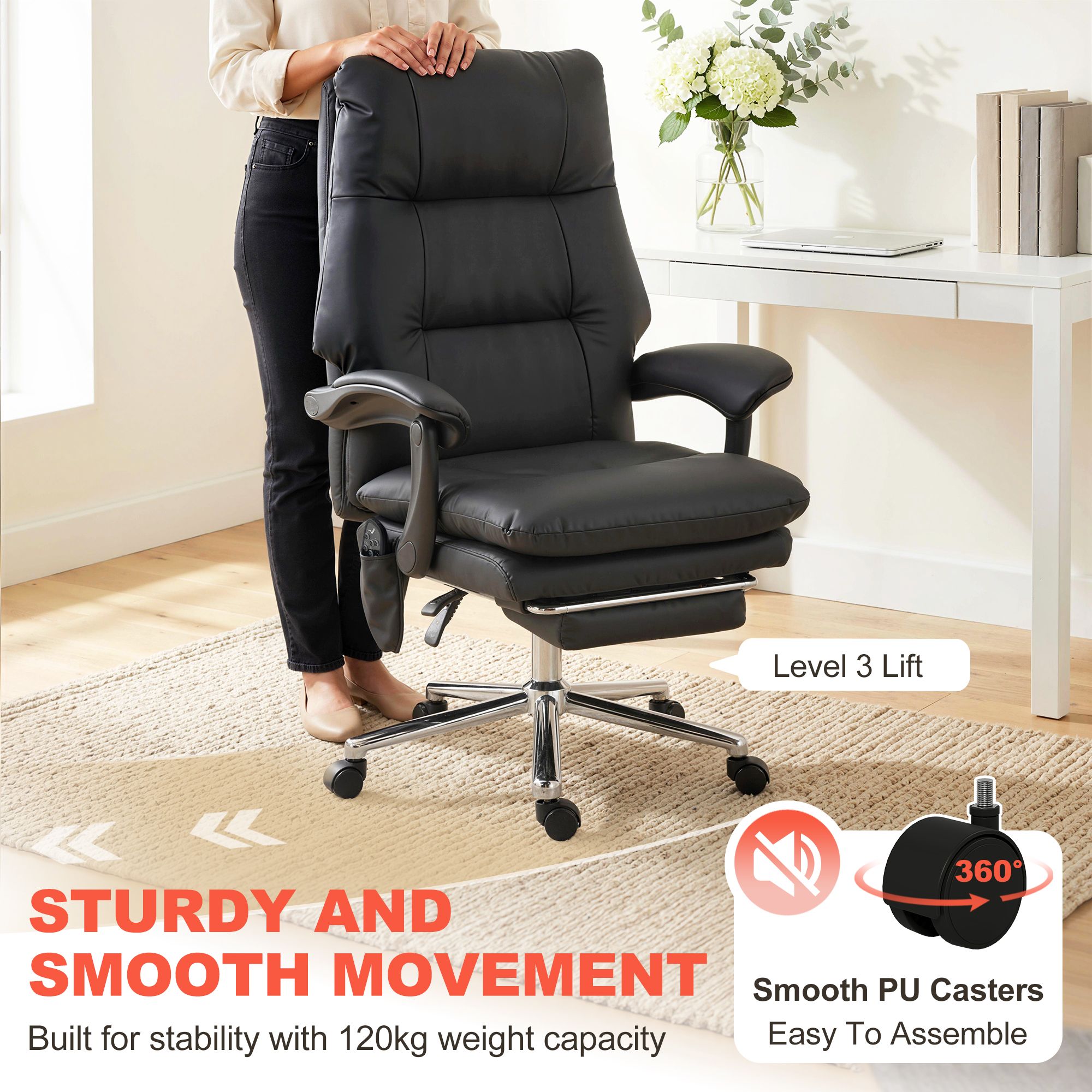 Massage Office Chair with 6-Point Vibration, Pet-Friendly Faux Leather Ergonomic Executive Desk Chair, Black - Image 7