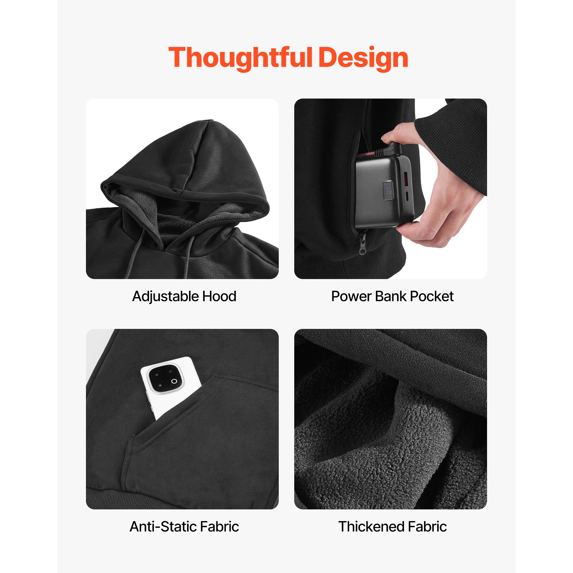 Heated Sweatshirt Hoodie for Men Women, Heated Jacket Unisex with 7.4V 16000mAh Rechargeable Power Bank Pack, 5 Heating Zones, 3 Temp Levels, 4-8H Warmth, for Winter Outdoor Camping, Black, XXL Size - Image 6
