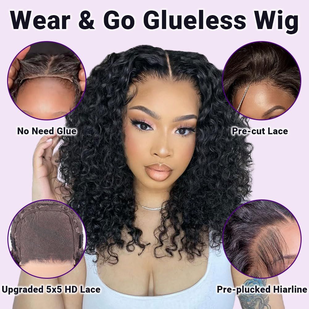 Short Bob Curly Human Hair Wigs With Bangs 100% Brazilian Real Human Hair Wig For Black Women 12 Inch Bob Wigs Glueless kinky Curly Machine Made None Lace Front Wig Natural Black - Image 3