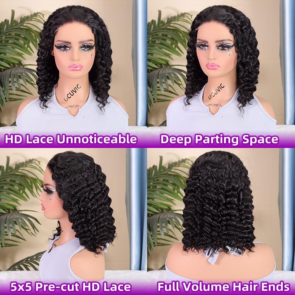 Short Bob Curly Human Hair Wigs With Bangs 100% Brazilian Real Human Hair Wig For Black Women 12 Inch Bob Wigs Glueless kinky Curly Machine Made None Lace Front Wig Natural Black - Image 4