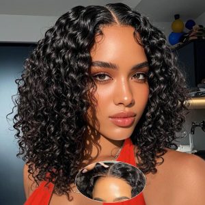 Short Bob Curly Human Hair Wigs With Bangs 100% Brazilian Real Human Hair Wig For Black Women 12 Inch Bob Wigs Glueless kinky Curly Machine Made None Lace Front Wig Natural Black