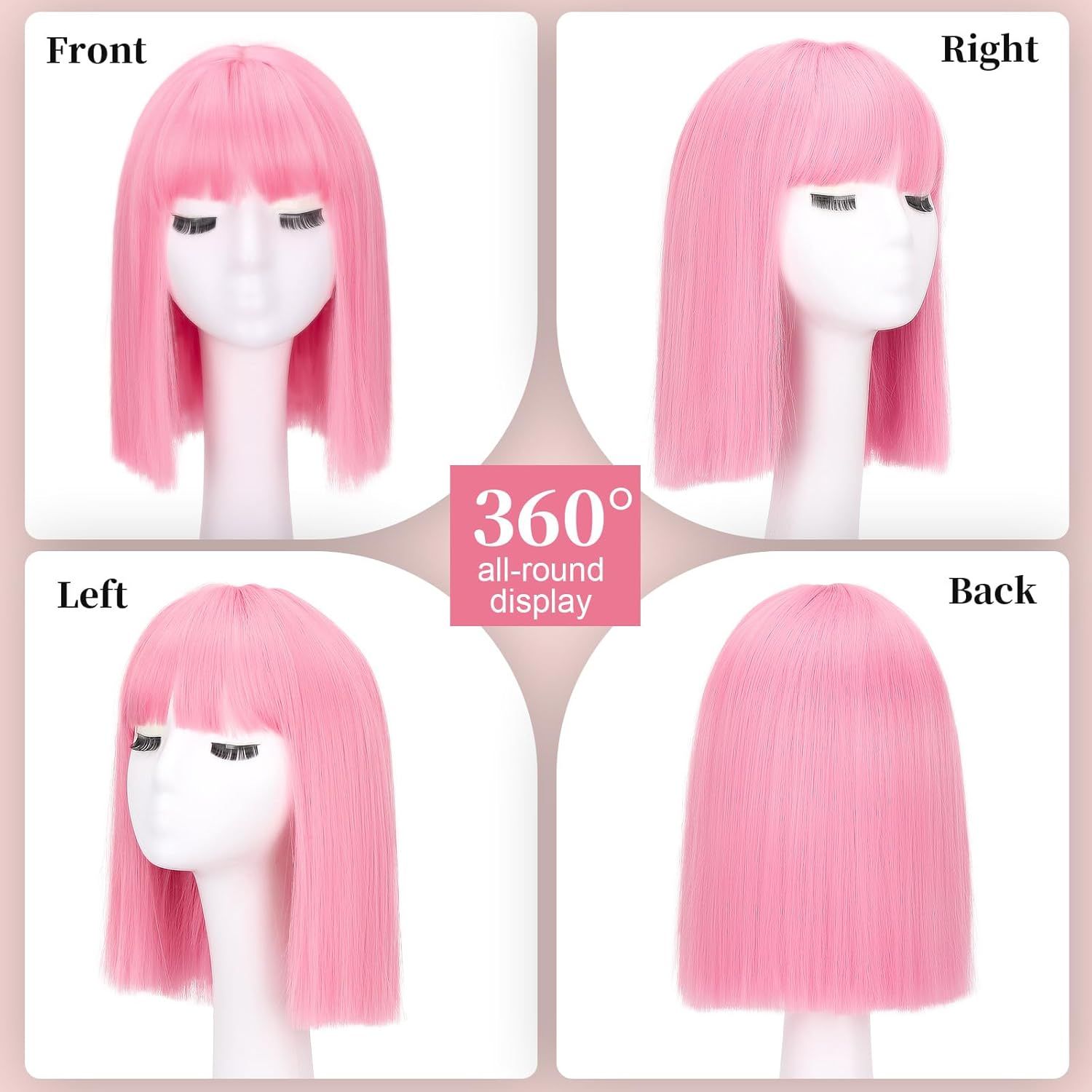 Pink Bob Wig With Bangs - Short Straight Bob Bangs Wig, 12Inch Heat Resistant Synthetic Hair, Natural Looking For Daily Party Use - Image 2