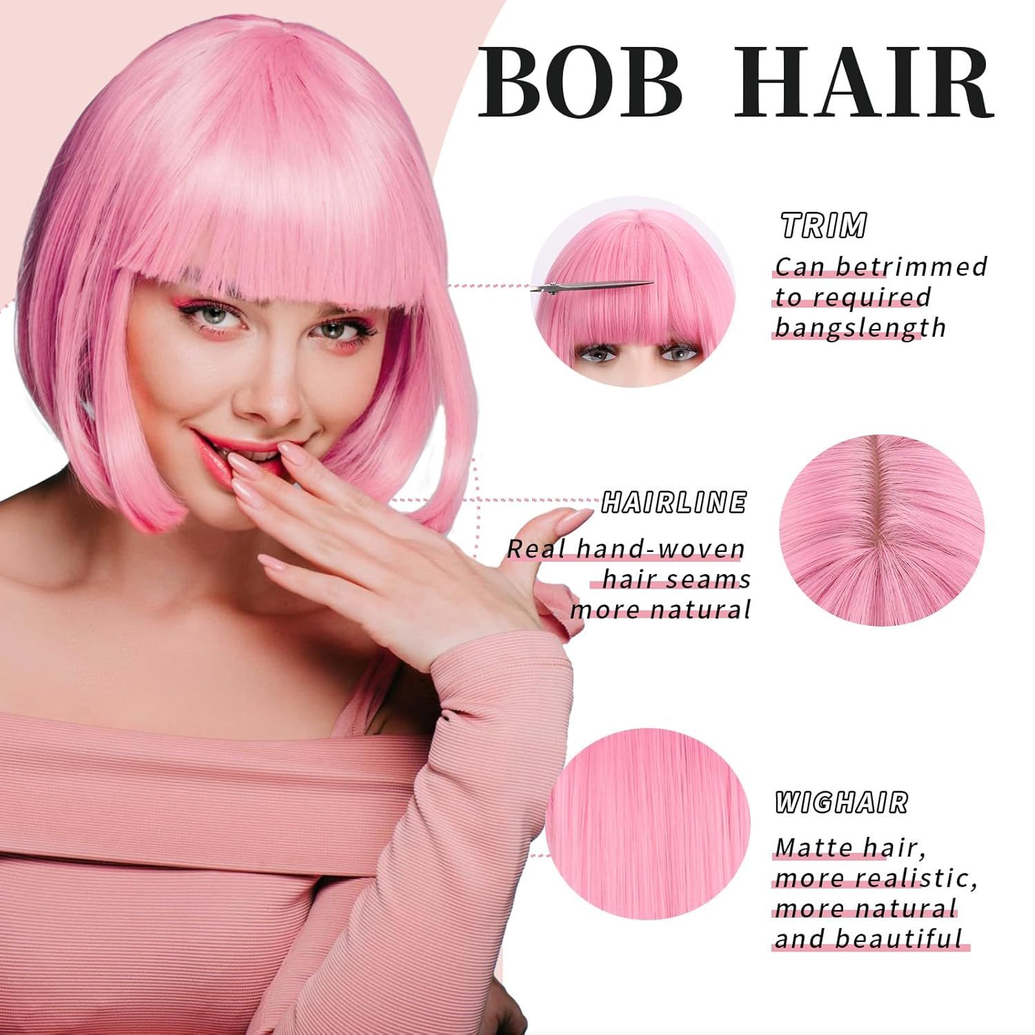 Pink Bob Wig With Bangs - Short Straight Bob Bangs Wig, 12Inch Heat Resistant Synthetic Hair, Natural Looking For Daily Party Use - Image 3