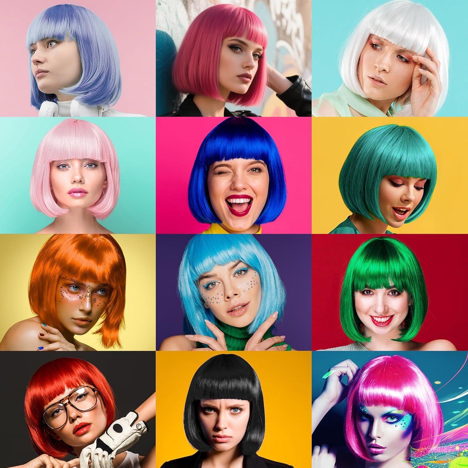 MEEZY Light Purple Short Bob Wigs Straight Hair with Flat Bangs Heart Shape Sunglasses for Women, Colorful Funny Cosplay Daily Party Neon Wig Synthetic Natural As Real Hair Carnival Halloween Costume - Image 2