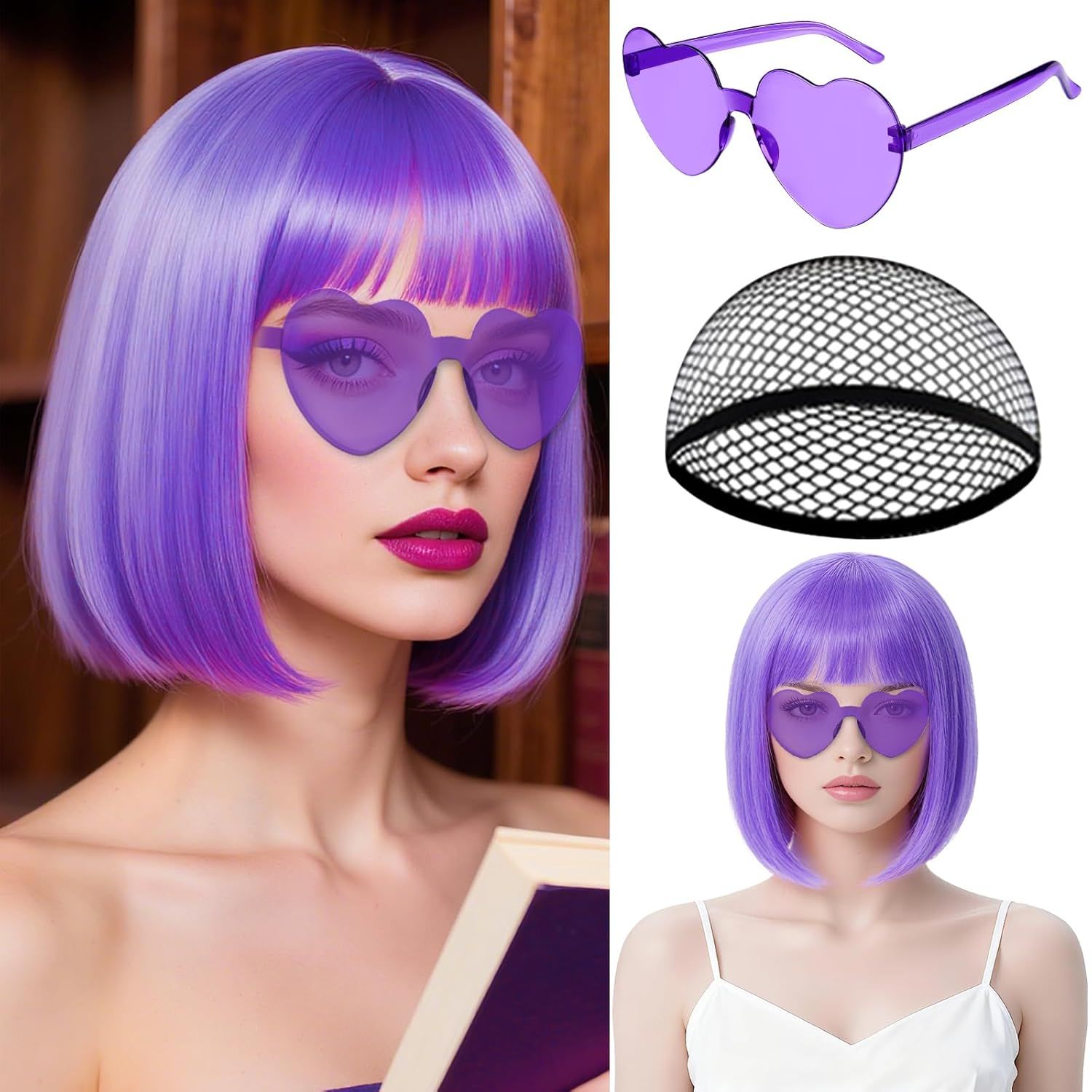 MEEZY Light Purple Short Bob Wigs Straight Hair with Flat Bangs Heart Shape Sunglasses for Women, Colorful Funny Cosplay Daily Party Neon Wig Synthetic Natural As Real Hair Carnival Halloween Costume