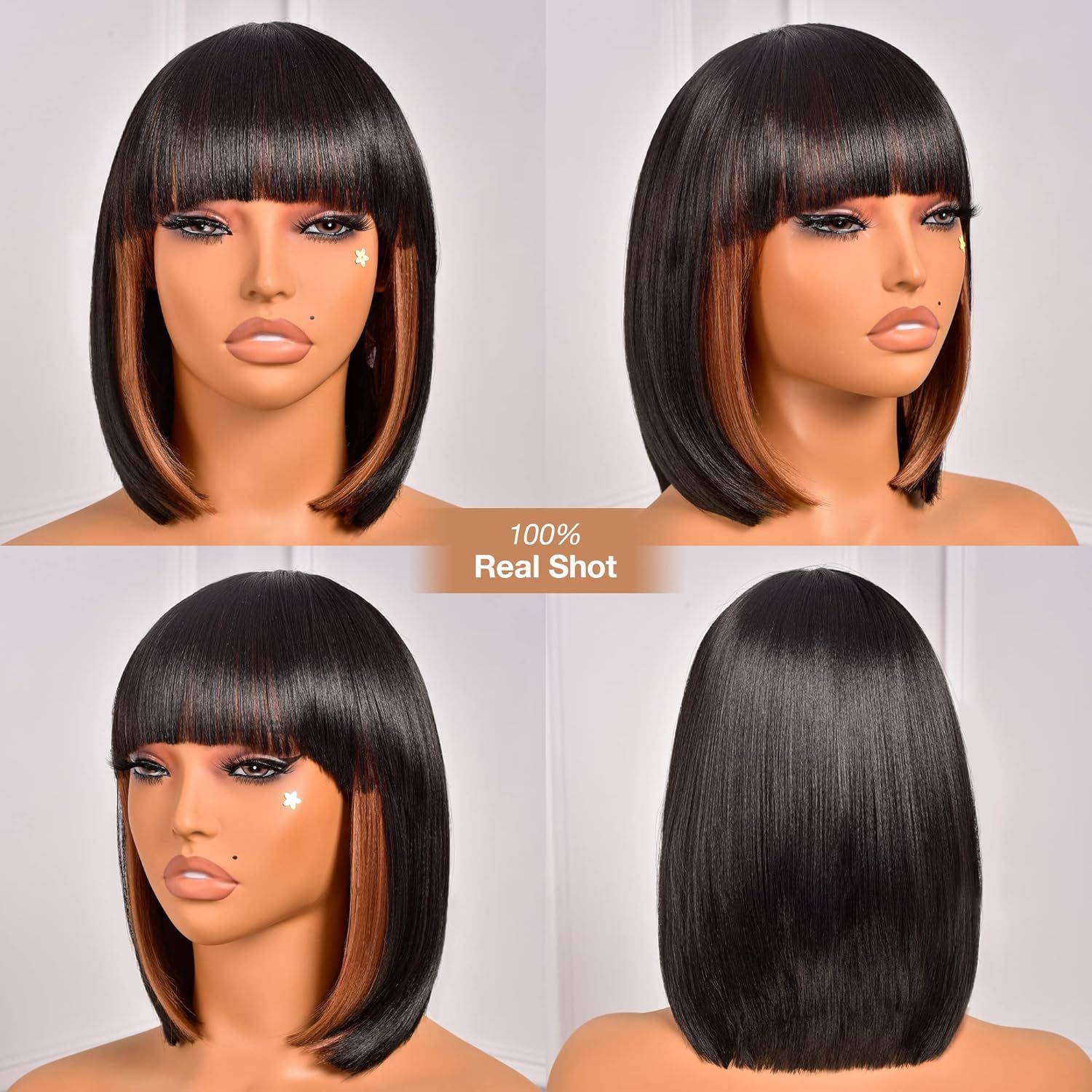 Bob Wig With Bangs - 12 Inch Peek-a-boo Color Short Bob Wig For Black Women Black Mix Brown Daily Costume Wigs, Light Yaki Straight Synthetic Hair Wigs Heat Resistant (12 Inch, SH30-612H) - Image 2