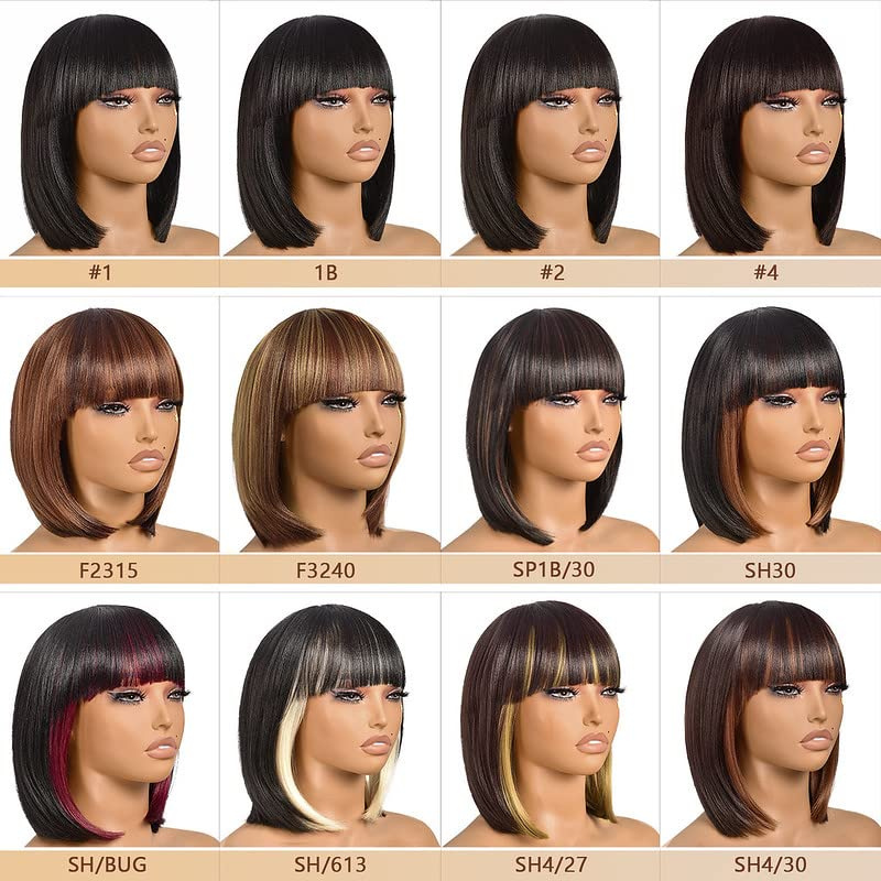 Bob Wig With Bangs - 12 Inch Peek-a-boo Color Short Bob Wig For Black Women Black Mix Brown Daily Costume Wigs, Light Yaki Straight Synthetic Hair Wigs Heat Resistant (12 Inch, SH30-612H) - Image 3