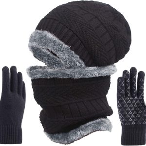 Winter Slouchy Beanie Hat Scarf Set Warm Knit Hat Thick Fleece Lined Knit Skull Caps for Men Women Gloves Touch Screen