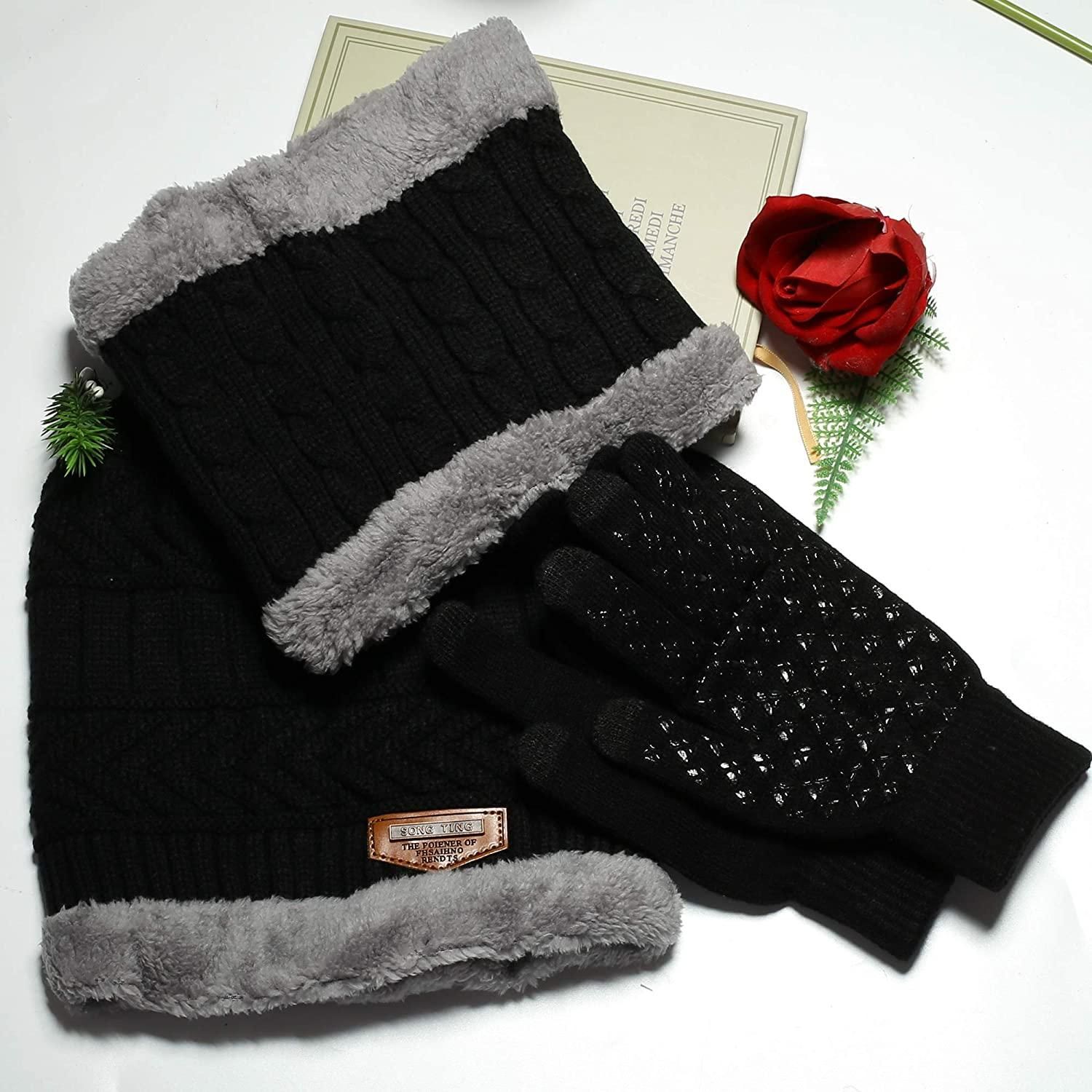 Winter Slouchy Beanie Hat Scarf Set Warm Knit Hat Thick Fleece Lined Knit Skull Caps for Men Women Gloves Touch Screen - Image 5