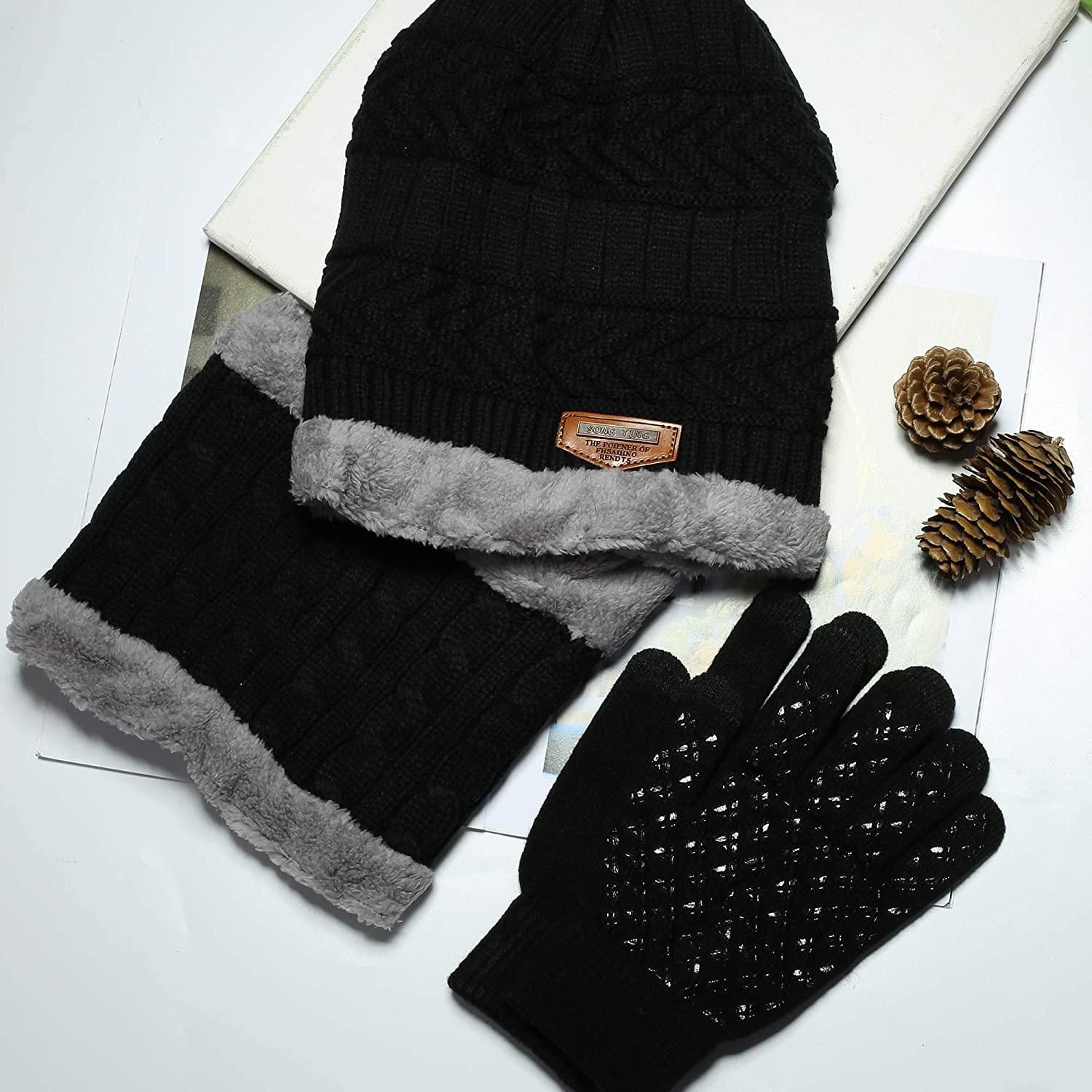 Winter Slouchy Beanie Hat Scarf Set Warm Knit Hat Thick Fleece Lined Knit Skull Caps for Men Women Gloves Touch Screen - Image 6