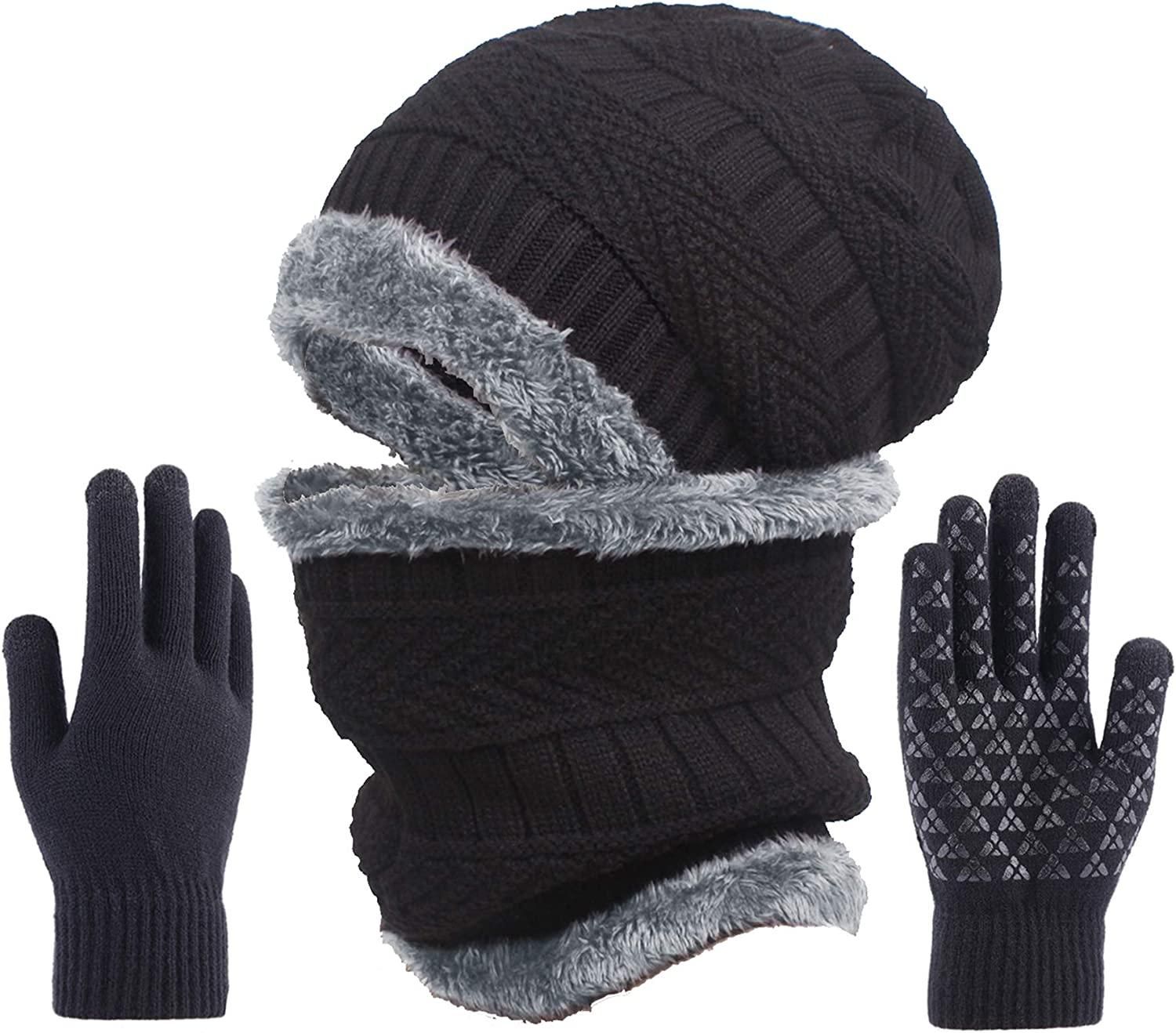 Winter Slouchy Beanie Hat Scarf Set Warm Knit Hat Thick Fleece Lined Knit Skull Caps for Men Women Gloves Touch Screen