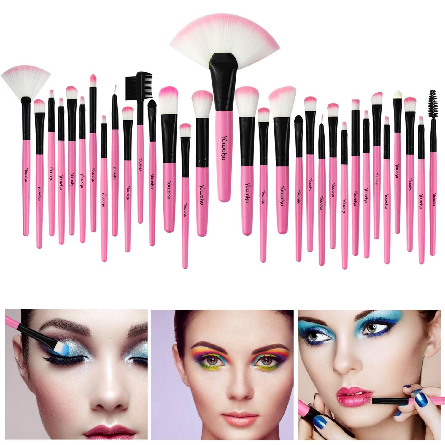 32 professional makeup brushes set; facial eye shadow eyeliner foundation blush lip powder liquid cream blending brush (pink) - Image 2