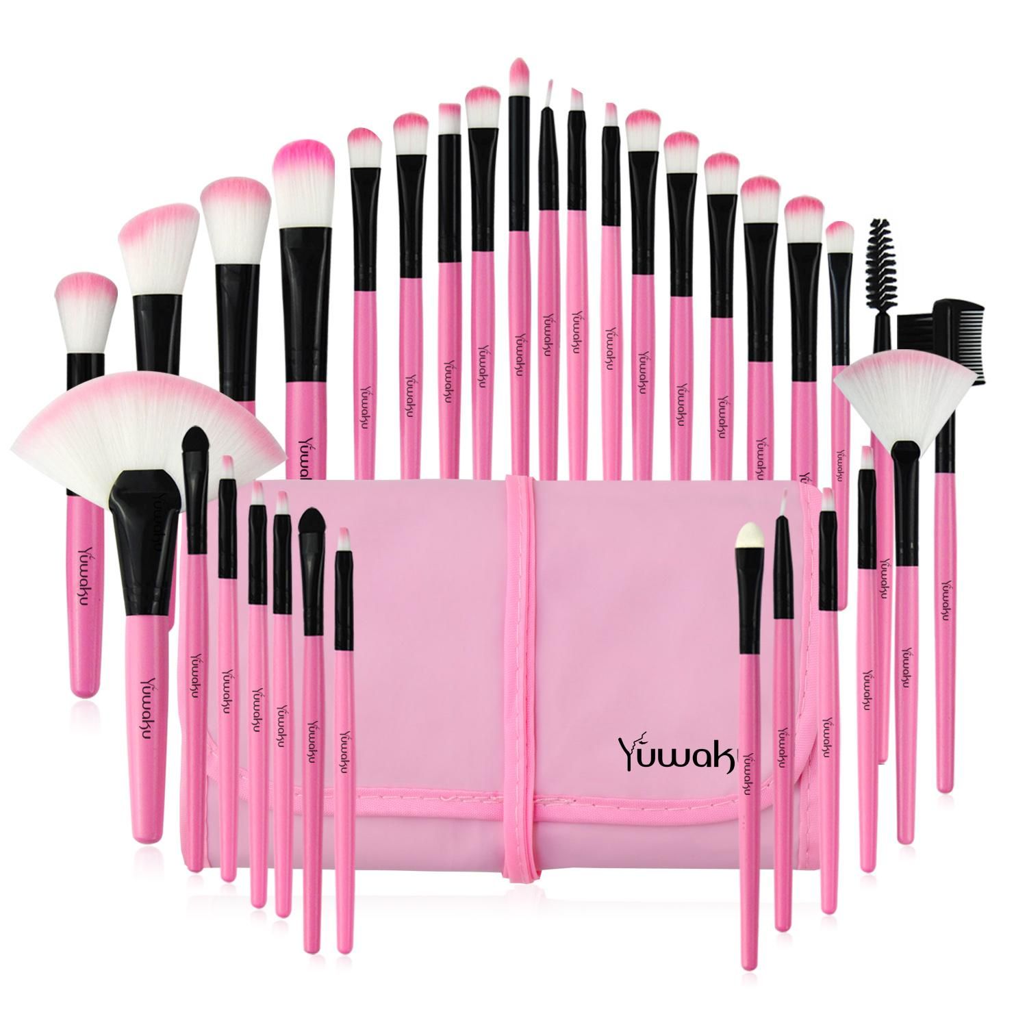 32 professional makeup brushes set; facial eye shadow eyeliner foundation blush lip powder liquid cream blending brush (pink)