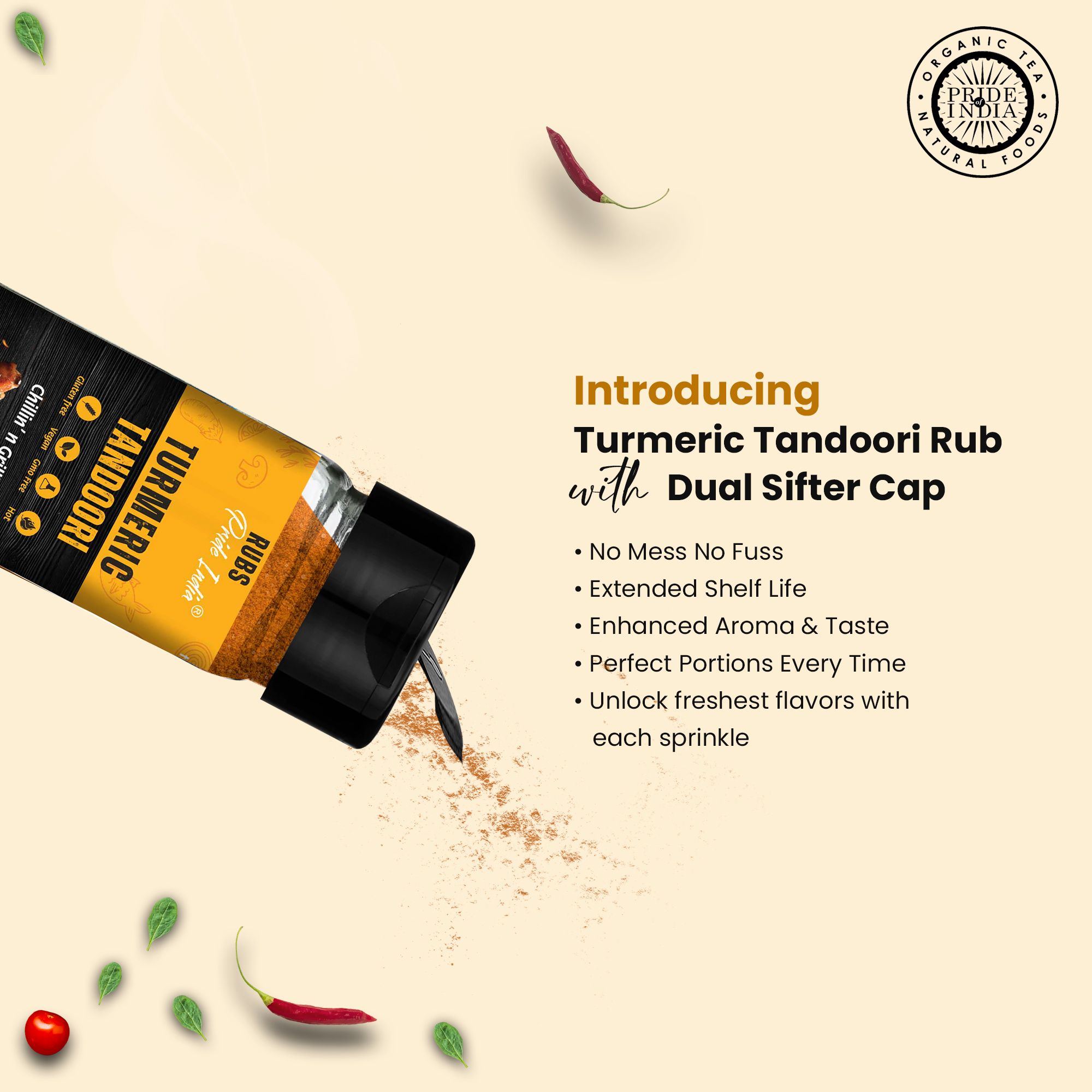Pride of India Turmeric Tandoori Rub 2.3 oz (65 gm) w/ Convenient Dual Sifter Cap Bold Smoky Golden Flavor| Used for Marinating Seasoning Flavoring Spicing | Vegan and Gluten Free - Image 4