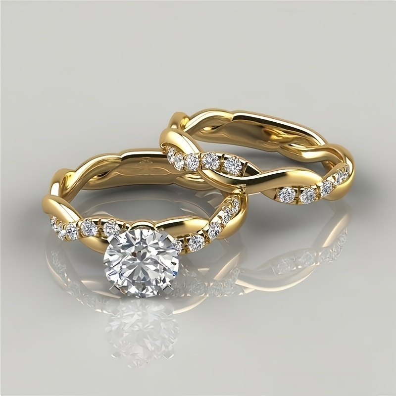2pcs 18K Gold Plated Golden Twist Round Cut White Zircon Finger Ring Set Classic Design Engagement Wedding Party Holiday For Women Bride Girls Gift - Image 18