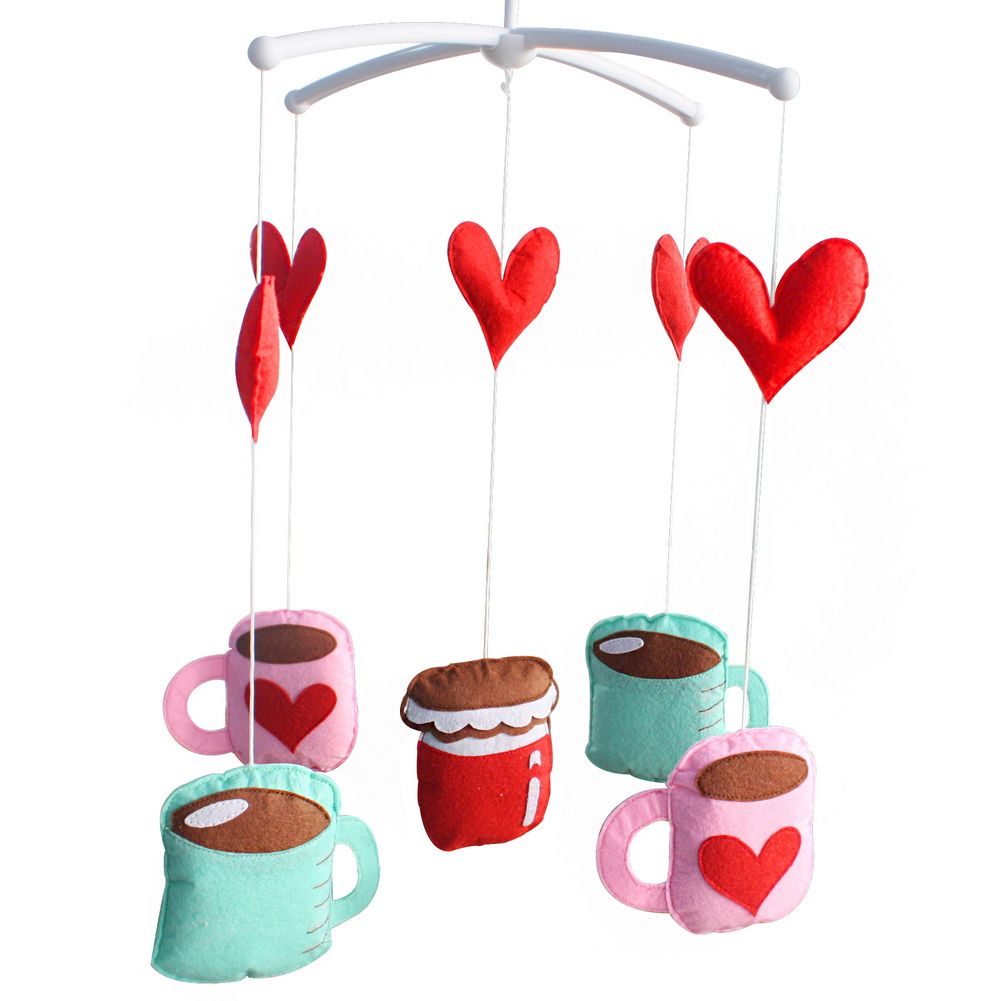 Pink and Blue Baby Crib Mobile Handmade Baby Mobile Infant Toy Hanging Rotating Heart and Coffee Nursery Bed Decoration Crib Mobile