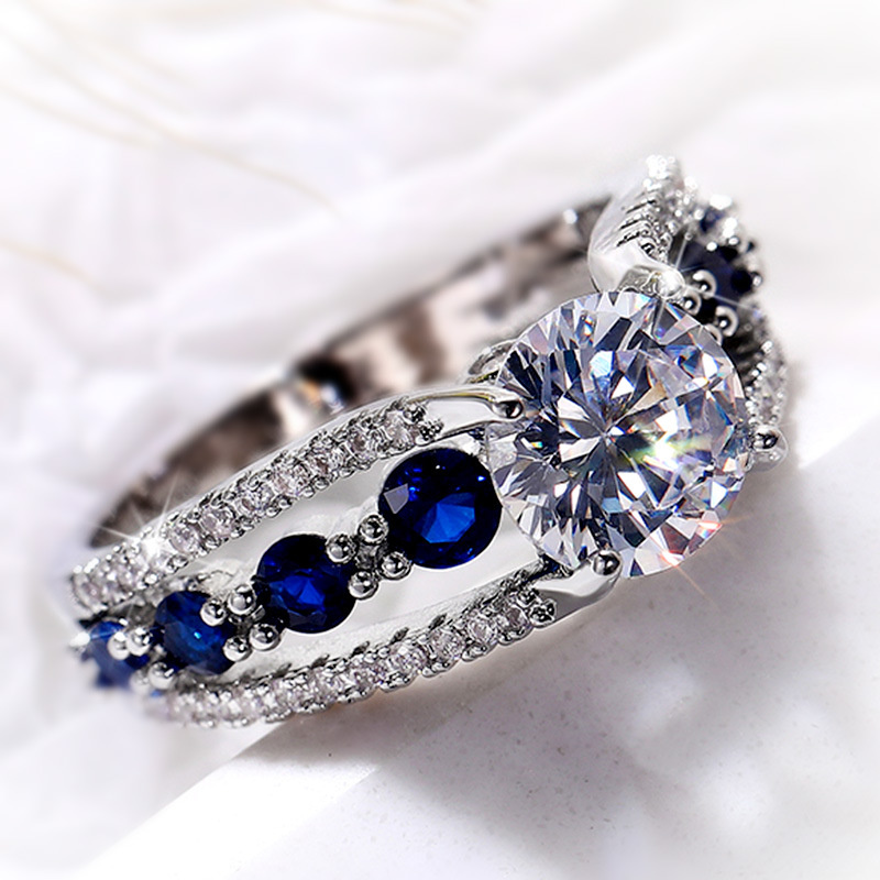 Colorful Oval Zircon Sapphire Eternity Ring Silver Plated Luxury Jewelry Wedding Party For Women Girls Gifts