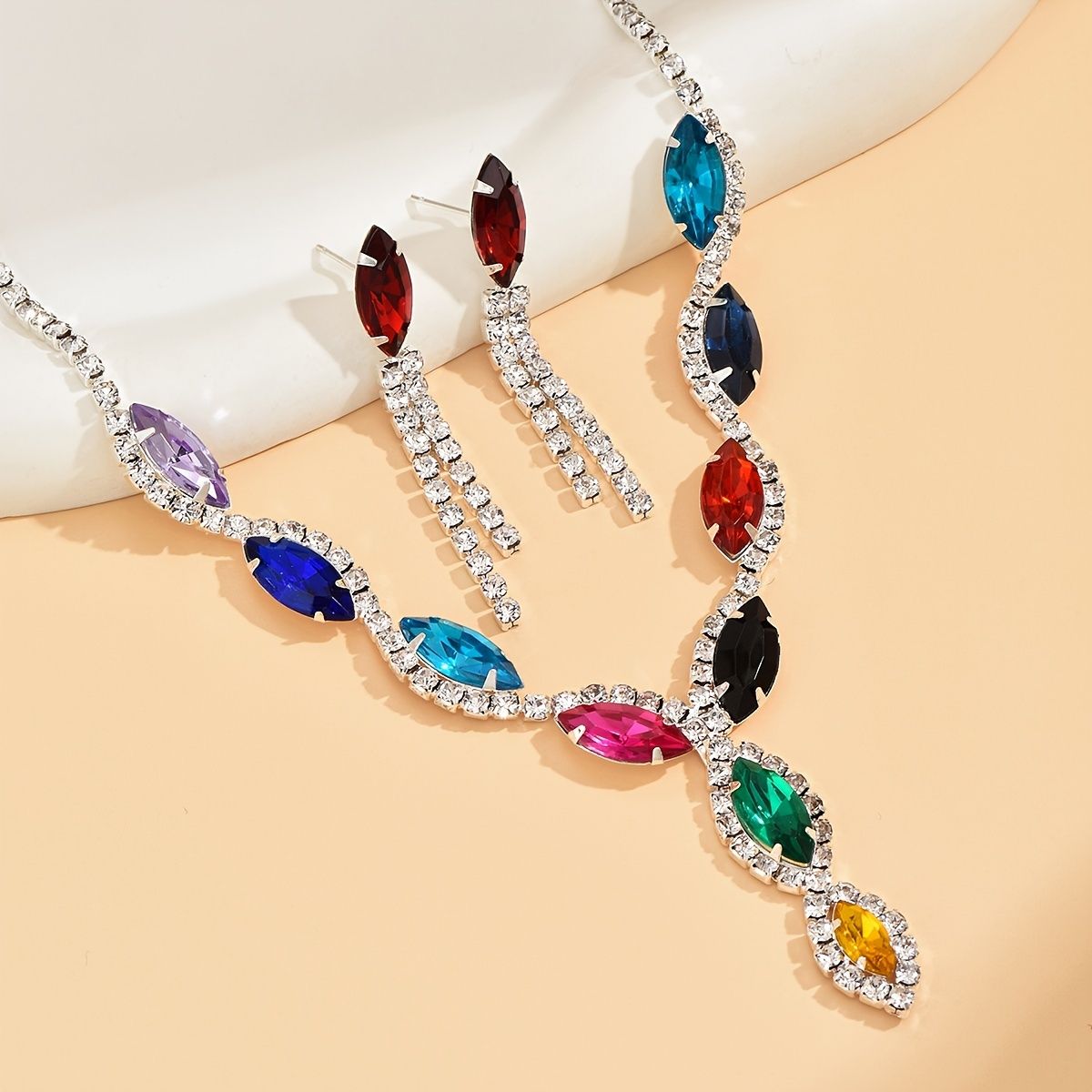 Women's Colorful Crystal Necklace Earrings 2 Pieces Set Jewelry - Image 3
