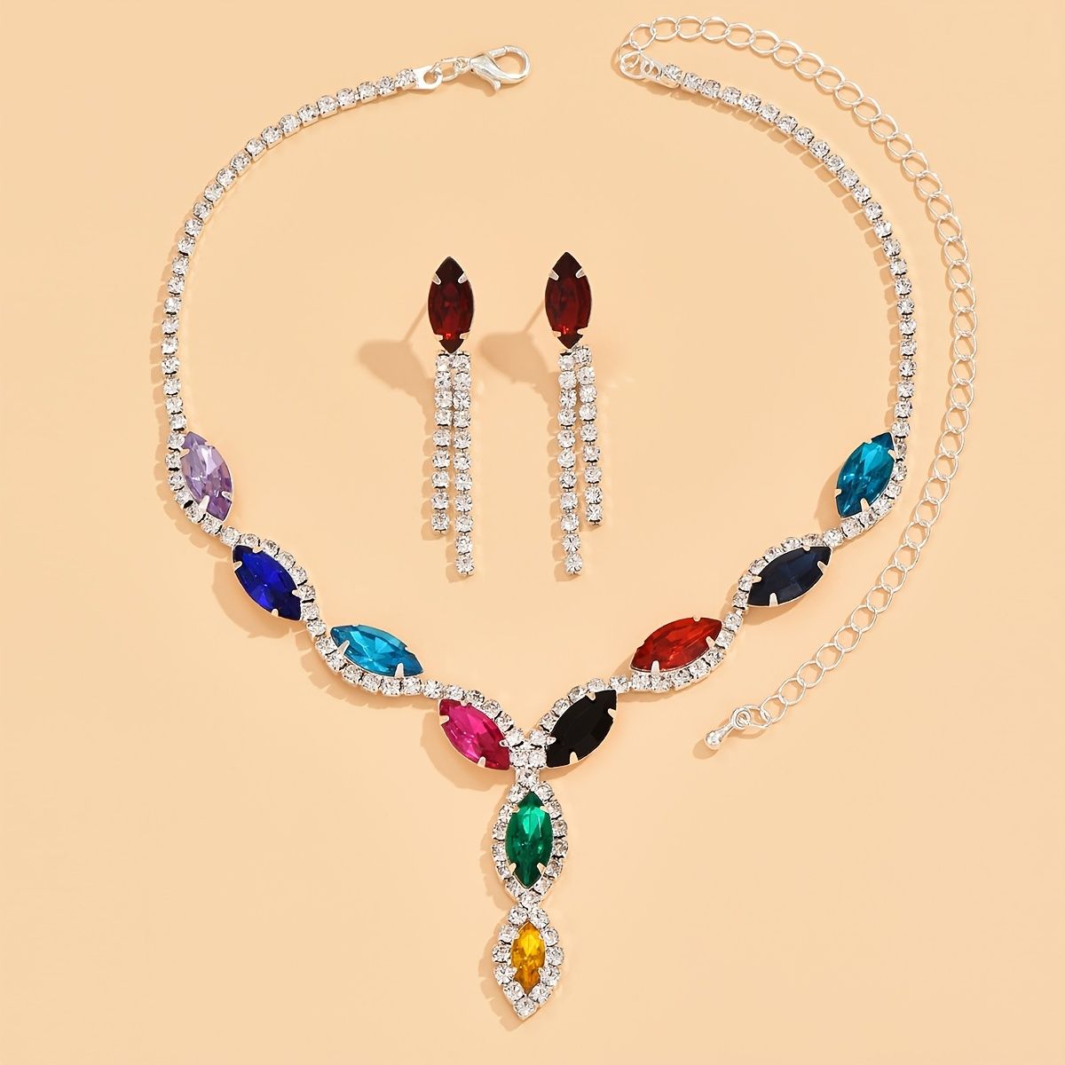 Women's Colorful Crystal Necklace Earrings 2 Pieces Set Jewelry - Image 4