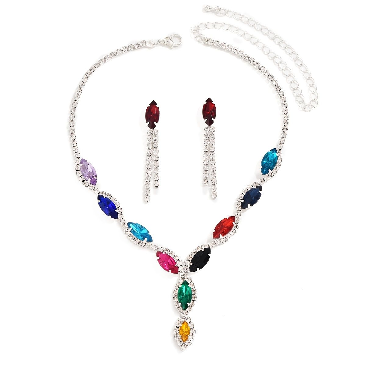 Women's Colorful Crystal Necklace Earrings 2 Pieces Set Jewelry - Image 6