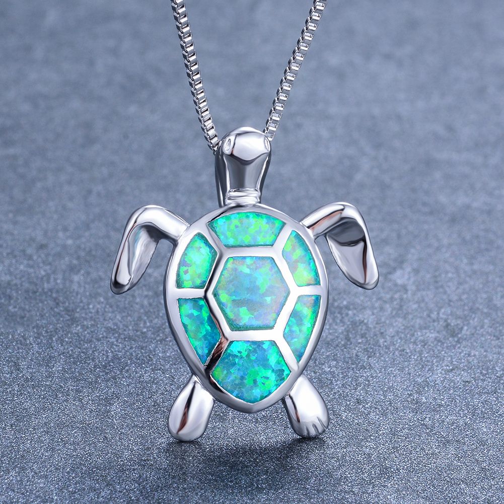 Bohemian Fire Opal Necklace For Women Silver Color Blue White Green With Large Tortoise Pendants - Image 2