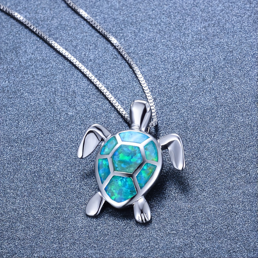 Bohemian Fire Opal Necklace For Women Silver Color Blue White Green With Large Tortoise Pendants - Image 3