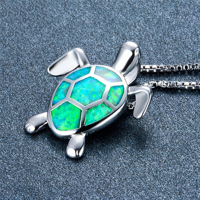Bohemian Fire Opal Necklace For Women Silver Color Blue White Green With Large Tortoise Pendants - Image 4