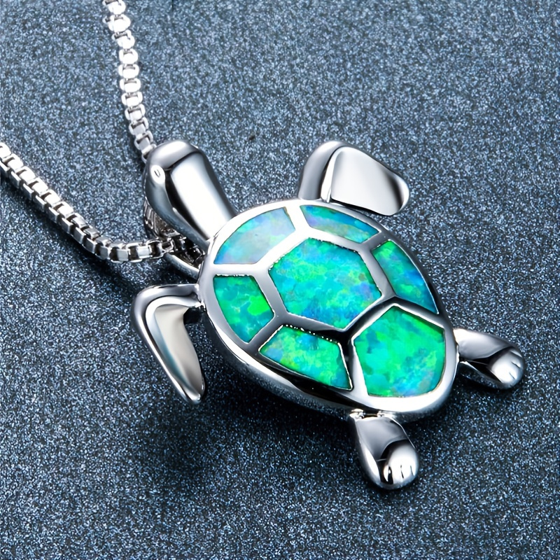 Bohemian Fire Opal Necklace For Women Silver Color Blue White Green With Large Tortoise Pendants - Image 6
