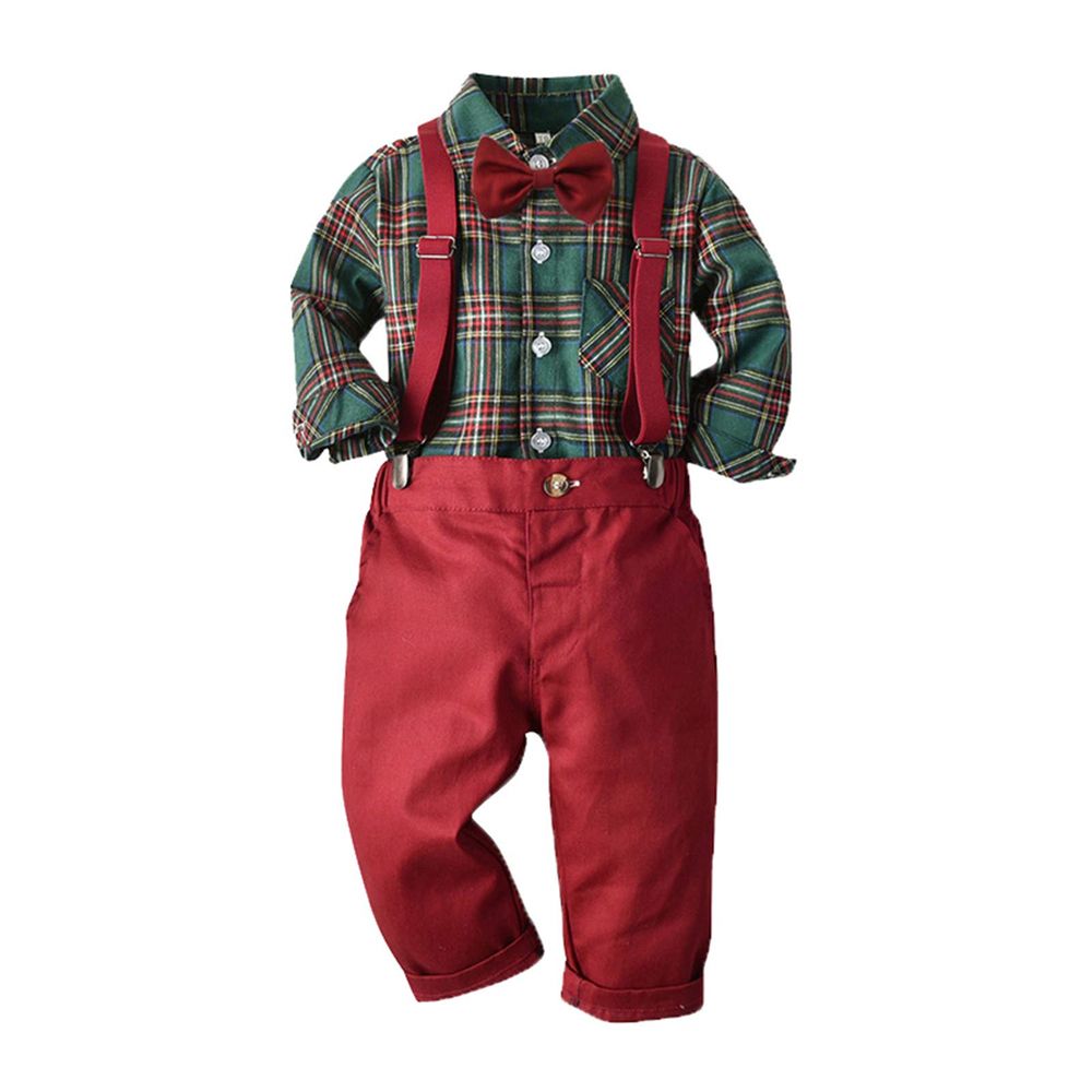 Baby Boy Gentleman Outfit Plaid Print Bowknot T-Shirt and Suspender Pants Set - Image 16