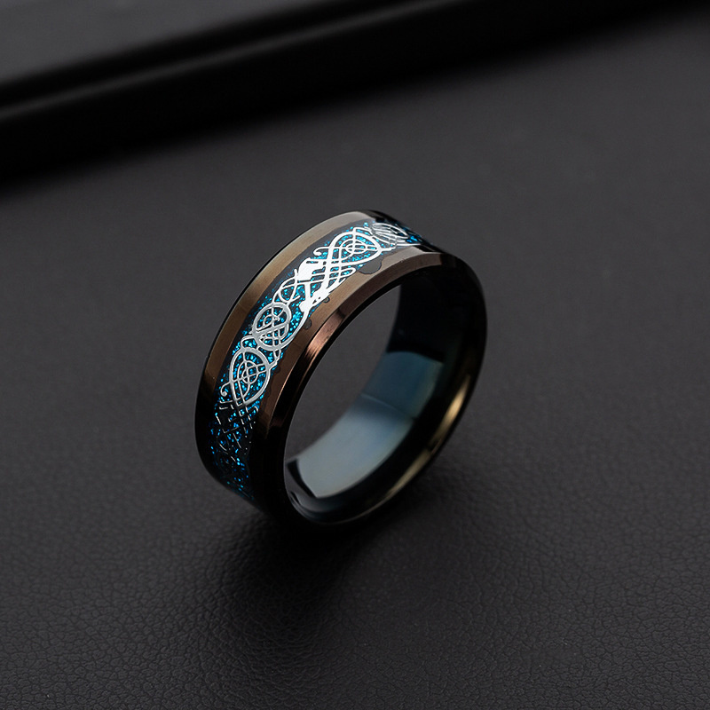Popular Titanium Steel Plated Black Dragon Pattern Ring Stainless Steel Blue Men's Ring - Image 27