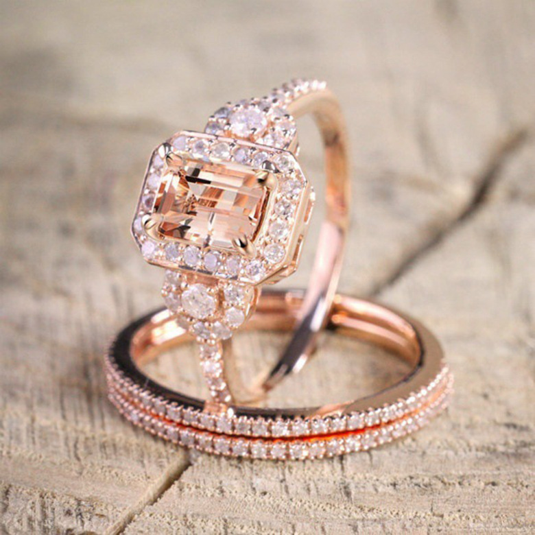 New Product Hot Sale 18k Rose Gold Plated Ring Set, European and American Micro Inlaid Engagement Ring, Female Cross border Source - Image 9