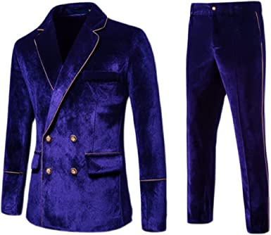 Men's 2 Piece Velvet Suits Classic Solid Color Suit Jacket Pants Slim Fit Double Breasted Tuxedo for Prom - Image 23
