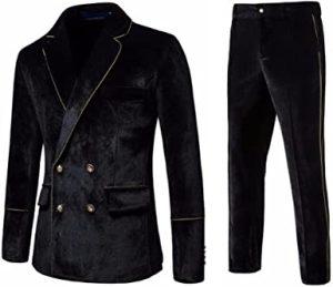 Men’s 2 Piece Velvet Suits Classic Solid Color Suit Jacket Pants Slim Fit Double Breasted Tuxedo for Prom