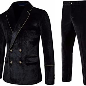 Men's 2 Piece Velvet Suits Classic Solid Color Suit Jacket Pants Slim Fit Double Breasted Tuxedo for Prom