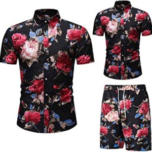 Men's Flower 2 Piece Tracksuit Shirt Casual Hawaiian Short Sleeve Shirts and Pants Suit