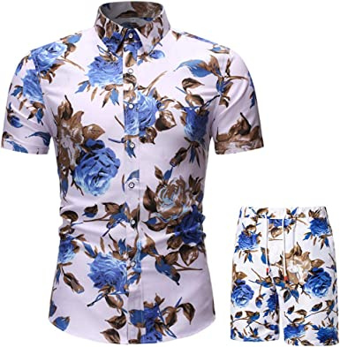 Men's Flower 2 Piece Tracksuit Shirt Casual Hawaiian Short Sleeve Shirts and Pants Suit - Image 14