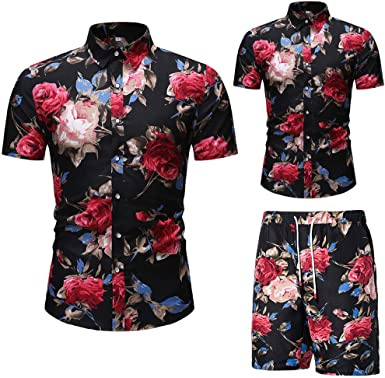 Men's Flower 2 Piece Tracksuit Shirt Casual Hawaiian Short Sleeve Shirts and Pants Suit - Image 28