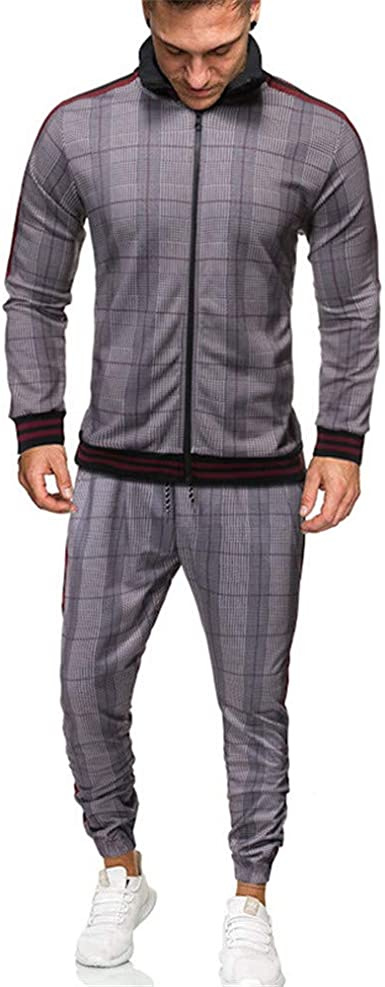 Men's 2 Pieces Tracksuits Jacket and Pants Casual Full Zip Running Jogging Athletic Plaid Sports Sweatsuits - Image 21