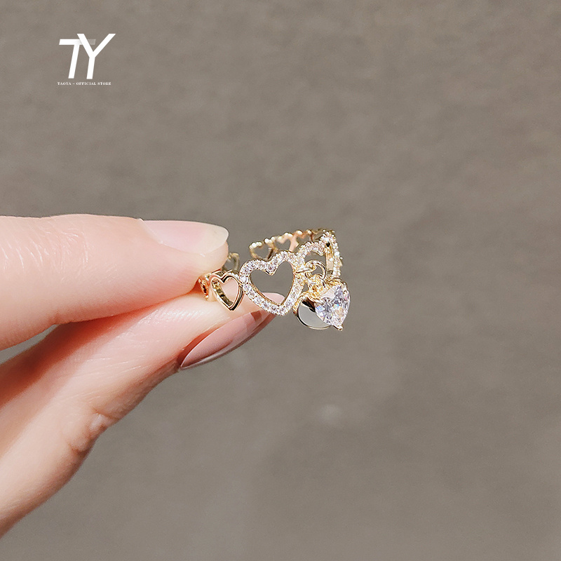 Design Sweet Zircon Heart Pendant Opening Rings Korean Fashion Jewelry Wedding Girl's Luxury Set Accessories For Woman 2022 Gift - Image 2