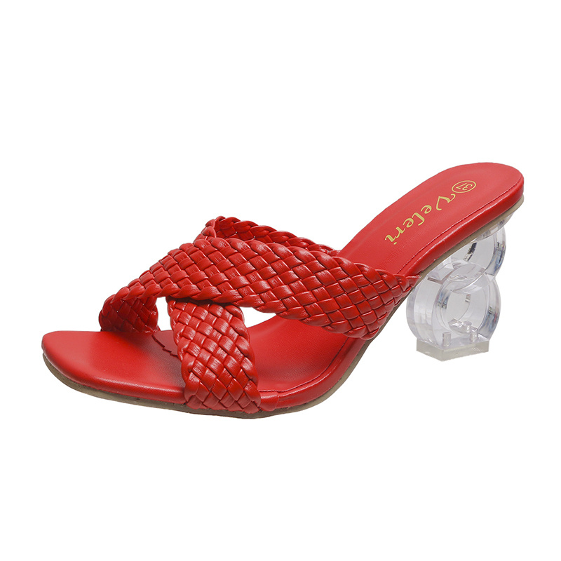 Lucyever Summer Fashion Woven Slippers Women 2022 Transparent Strange Heels Sandals Woman Plus Size High Heeled Slides Shoes 43