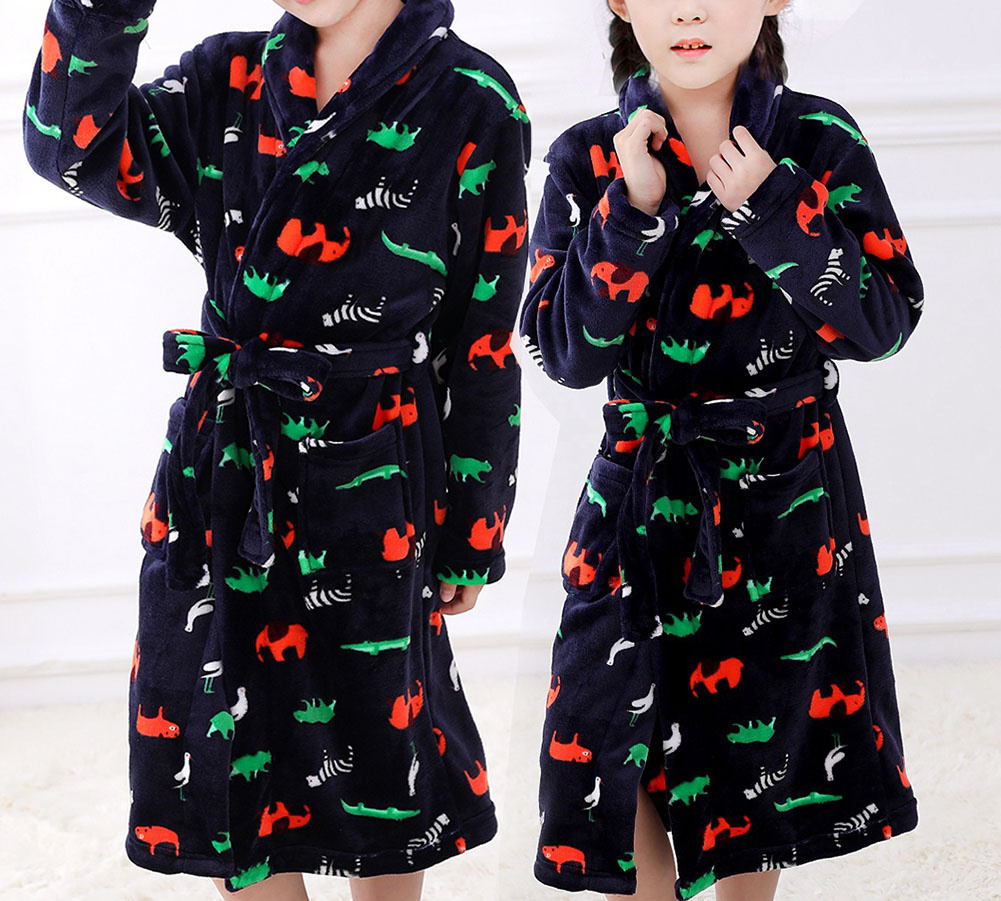 Kids Self Tie Soft Plush Bathrobe Pajamas for Boys Girls Winter Bath Homewear, Colorful Animals - Image 2
