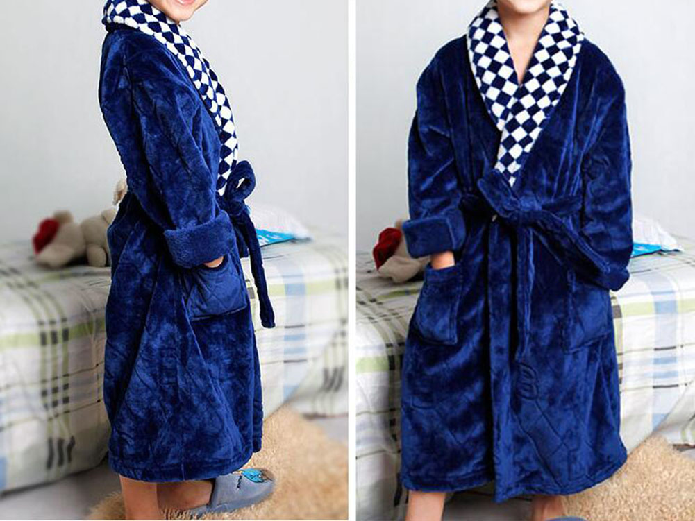 Soft Plush Diamond Pattern Lapel Bathrobes for Boys Girls Bath Homewear, Dark Blue - Image 2